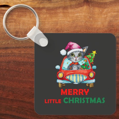 Merry little Christmas Cat in Car Keychain