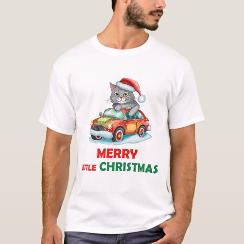Merry little Christmas Cute Cat in Car T_Shirt