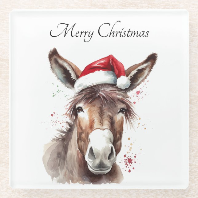 Merry Little Christmas Donkey, custom Glass Coaster (Front)