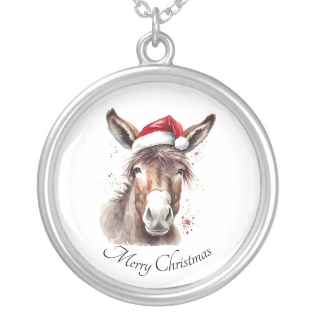 Merry Little Christmas Donkey, custom Silver Plated Necklace (Front)