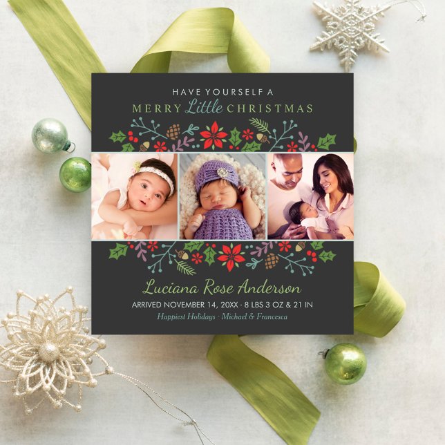 Merry Little Christmas Floral Photo Birth Holiday Card (Creator Uploaded)