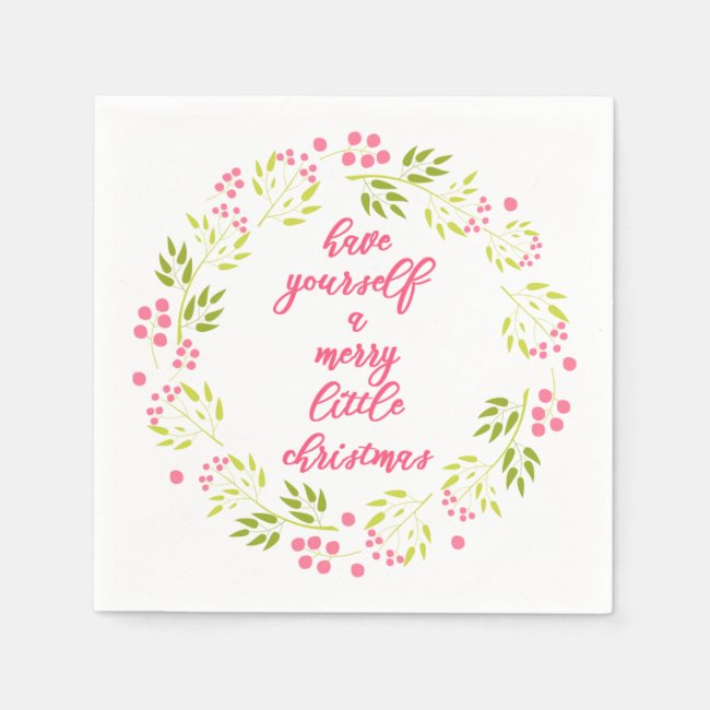 Merry Little Christmas Floral Wreath Paper Napkin