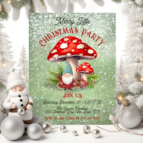 Merry Little Christmas Gnome Toadstool Mushroom Invitation