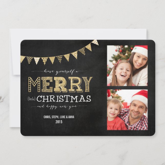 Merry Little Christmas Gold Glitter 2 Photo Card (Front)