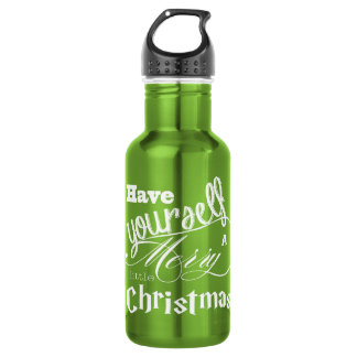 Merry Little Christmas Green and White Holly Stainless Steel Water Bottle