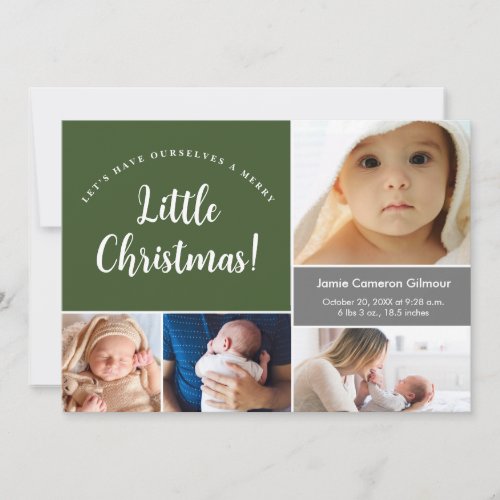 Merry little Christmas Green Baby birth photos Thank You Card