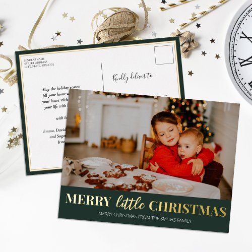 Merry Little Christmas Green Gold Modern Photo Foil Holiday Postcard