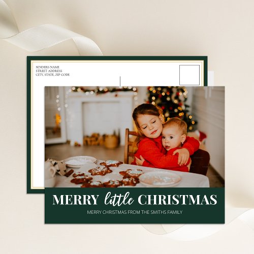 Merry Little Christmas Green Modern Script Photo Holiday Postcard