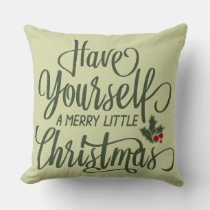 Merry Little Christmas Holly Berries & Text Throw Pillow
