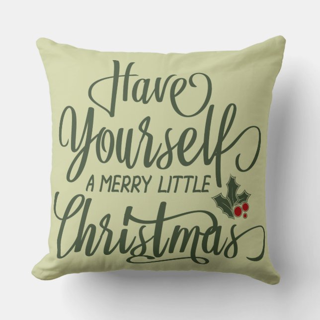 Merry Little Christmas | Holly Berries & Text Throw Pillow (Front)