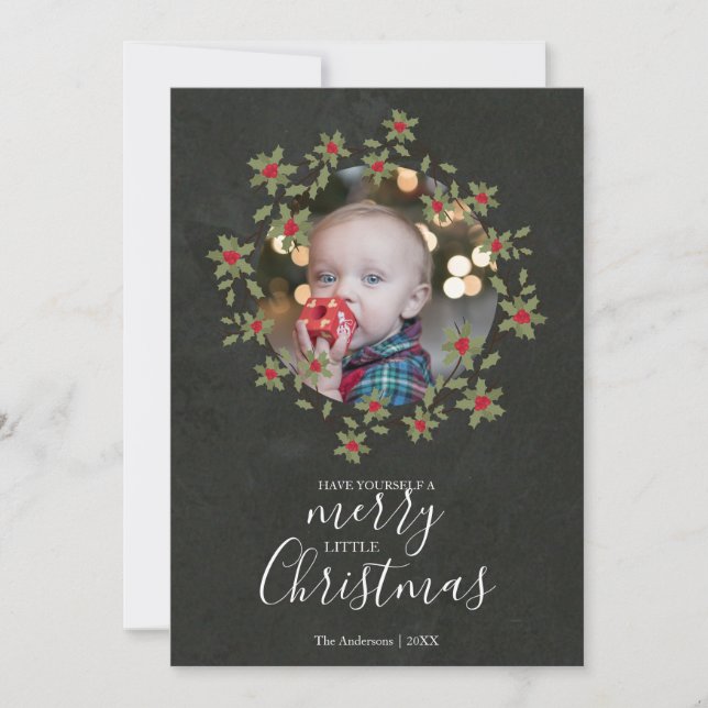 Merry Little Christmas Holly Wreath Photo (Front)