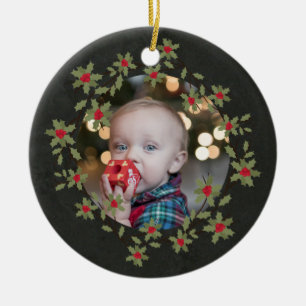 Merry Little Christmas Holly Wreath Photo Ceramic Ornament