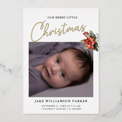Merry Little Christmas Mistletoe Baby Photo Birth  Foil Holiday Card