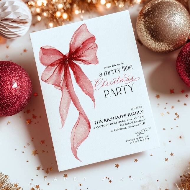 Merry Little Christmas Party  Invitation (Merry Little Christmas Party! Red Bow Christmas Invitation)