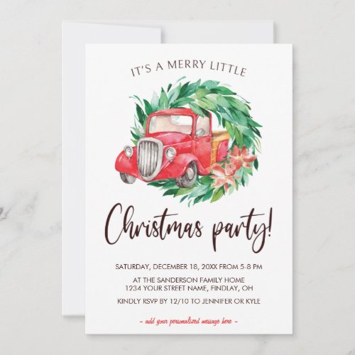 Merry Little Christmas Party Red Truck Wreath Invitation