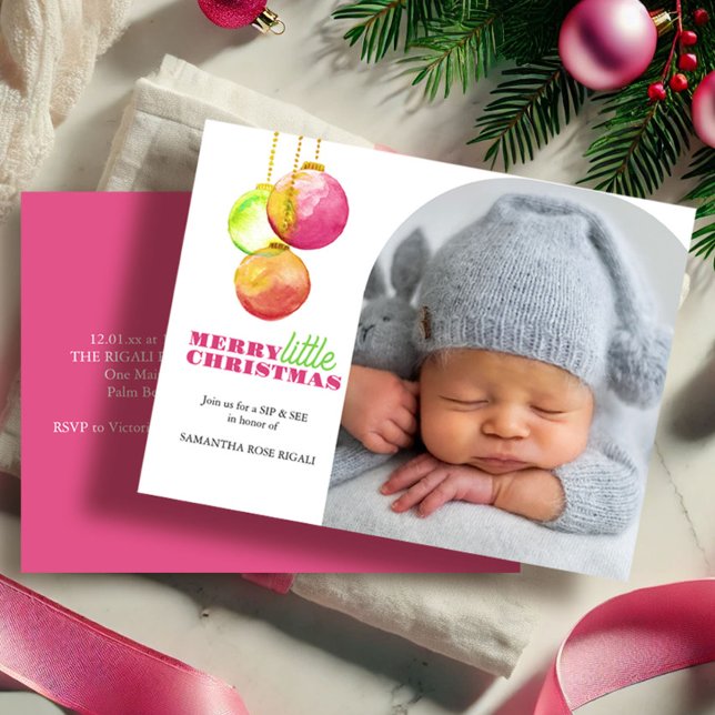 Merry Little Christmas Photo Sip and See Holiday Postcard (Sip and see Merry Little Christmas watercolor bauble art by Victoria Grigaliunas Do Tell A Belle)