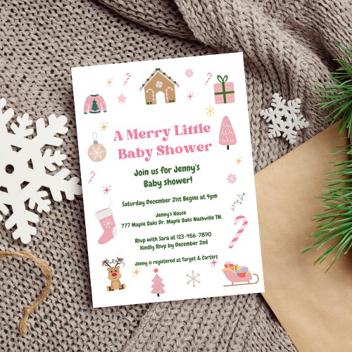 Merry Little Christmas Pink Baby Shower  Invitation