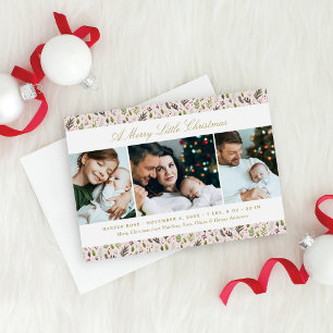 Merry Little Christmas Pink Floral Photo Collage Holiday Card