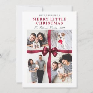 Merry Little Christmas Red Bow 4 Photo Christmas Holiday Card