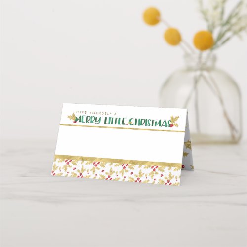 Merry Little Christmas Red Gold Green Watercolor Place Card