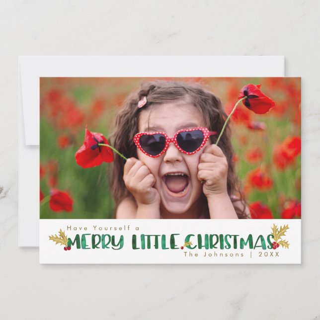 Merry Little Christmas Red & Gold Holly Watercolor Holiday Card (Front)