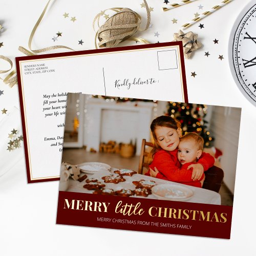 Merry Little Christmas Red Gold Modern Photo Foil Holiday Postcard