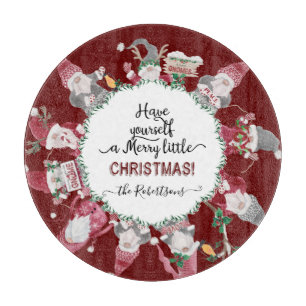 Merry Little Christmas Red Gray Gnomes Santa Hats Cutting Board