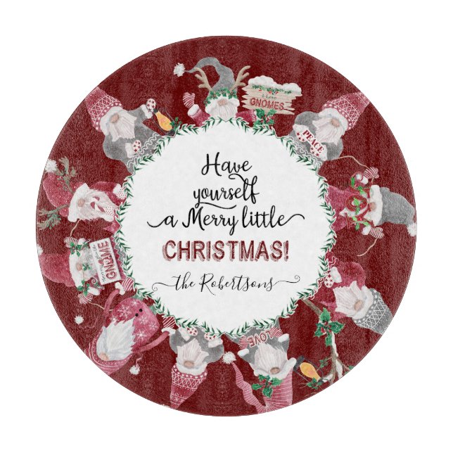 Merry Little Christmas Red Gray Gnomes Santa Hats Cutting Board (Front)