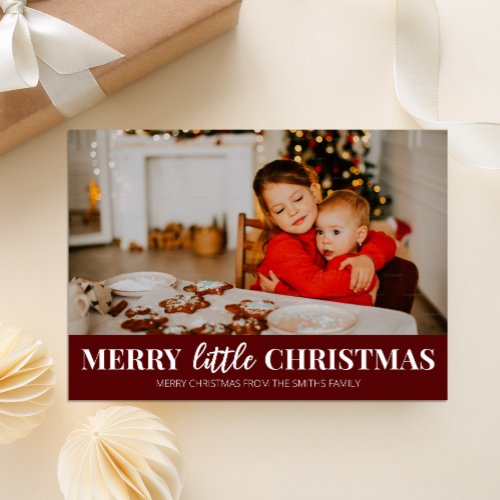 Merry Little Christmas Red Modern Script Photo Holiday Card