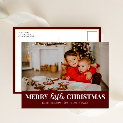 Merry Little Christmas Red Modern Script Photo Holiday Postcard