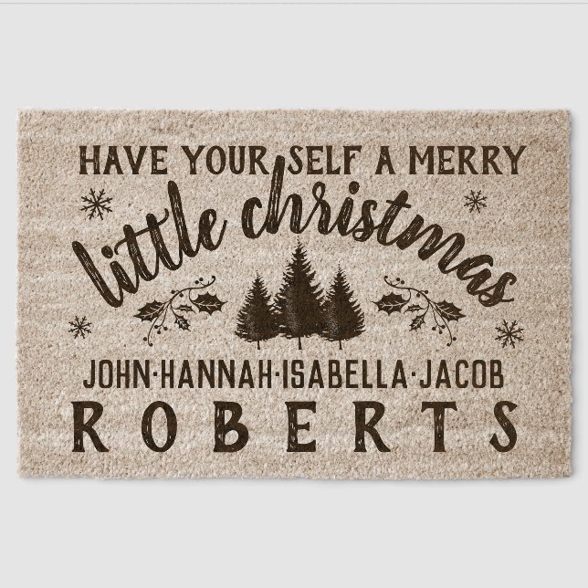 Merry Little Christmas Rustic Pines Custom Name Fiber Doormat (Front)