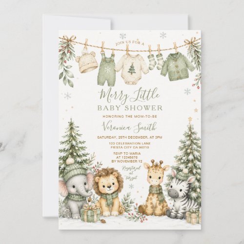Merry Little Christmas Safari Animals Baby Shower Invitation