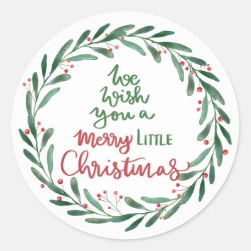 Merry Little Christmas Script  Wreath  Classic Round Sticker