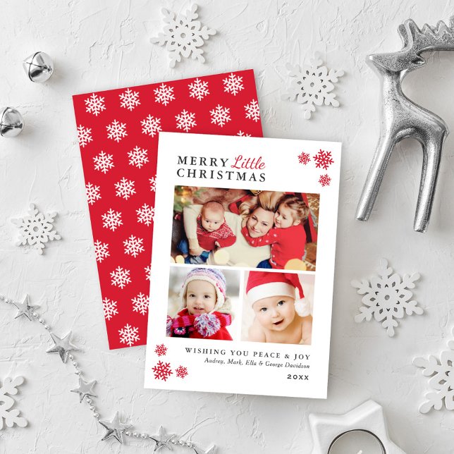 Merry Little Christmas Snowflake 3 Photo Holiday Card (Creator Uploaded)