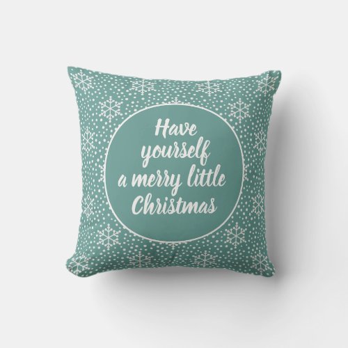 Merry Little Christmas Teal White Snowflakes Throw Pillow