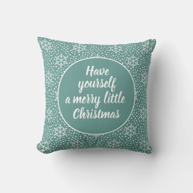 Merry Little Christmas Teal White Snowflakes Throw Pillow (Front)
