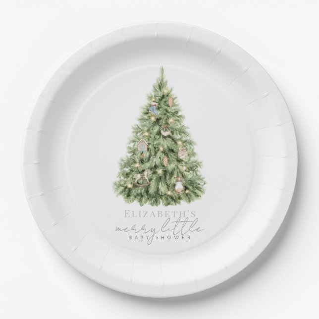 Merry Little Christmas Tree Baby Shower Paper Plates (Front)