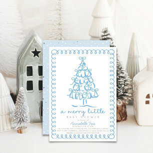 Merry Little Christmas Tree Blue Baby Shower Invitation