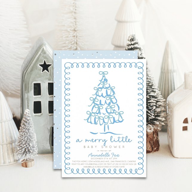 Merry Little Christmas Tree Blue Baby Shower Invitation (Creator Uploaded)