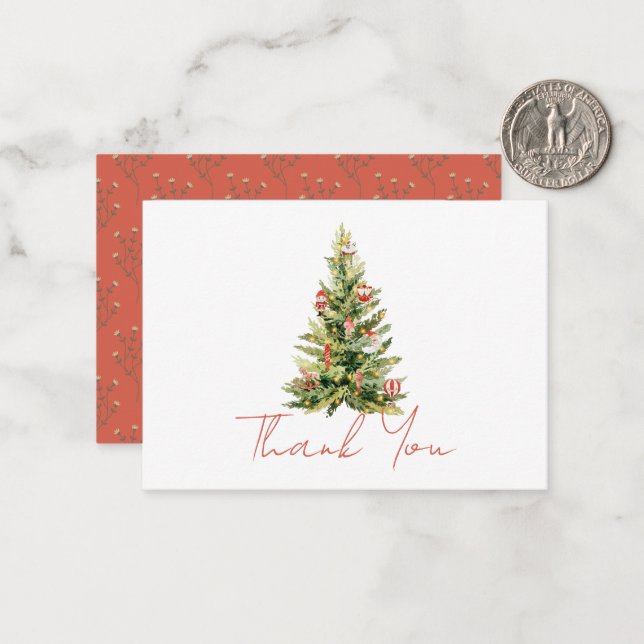 Merry Little Christmas Tree Red Thank You Note Card (Front/Back In Situ)