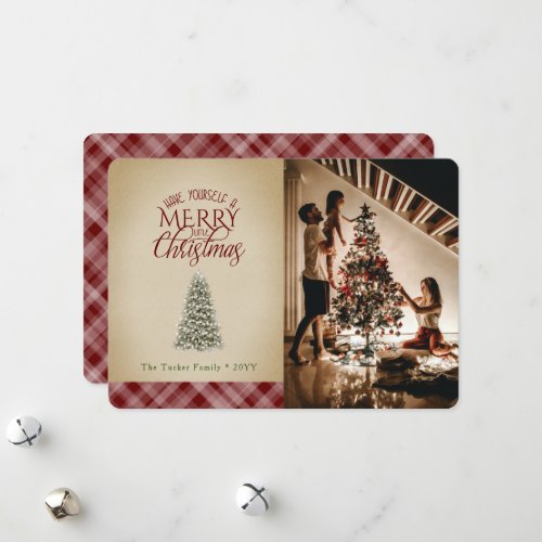 Merry Little Christmas Tree Vintage Dark Red Plaid Holiday Card