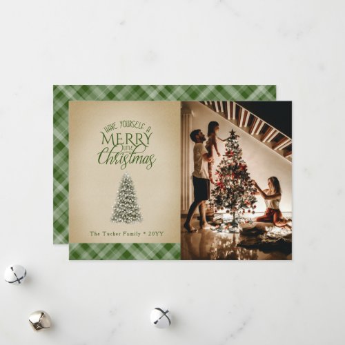Merry Little Christmas Tree Vintage Green Plaid Holiday Card