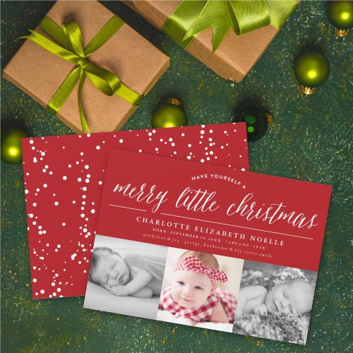 Merry Little Christmas Typography 3 Photo Birth Holiday Card