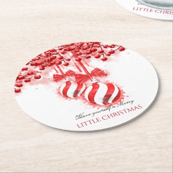 Merry Little Christmas Watercolor Splash Round Paper Coaster by ChristmaSpirit at Zazzle