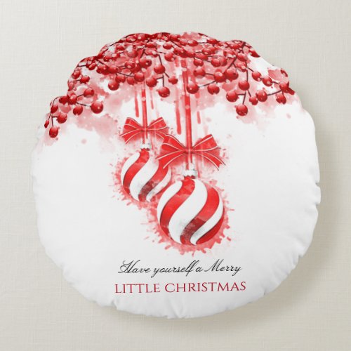 Merry Little Christmas Watercolor Splash Round Pillow