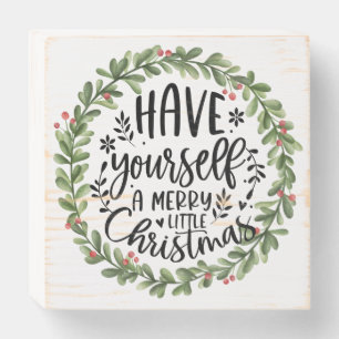 Merry Little Christmas Watercolor Wreath Wooden Box Sign