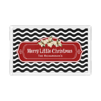 Merry Little Christmas Wavy Chevron Poinsettia Acrylic Tray