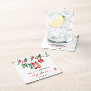 Merry Little Floral Christmas Santa Baby Shower Square Paper Coaster