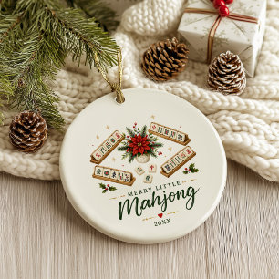 Merry Little Mahjong Poinsetta Christmas Ceramic Ornament