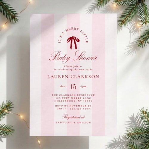 Merry Little Pink Striped Red Bow Preppy Holiday Invitation